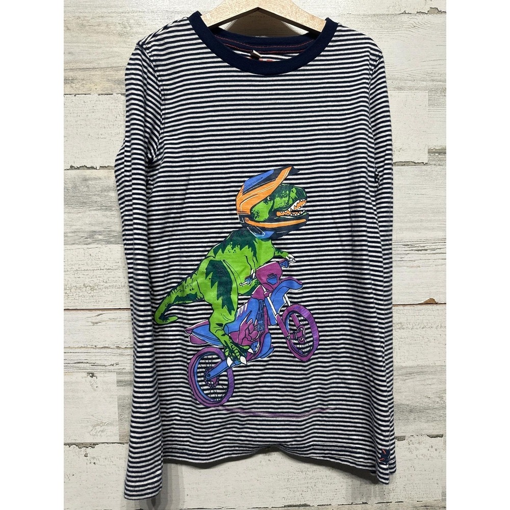 Joules Long‎ Sleeve Shirt 11/12 Navy Striped T-Rex Dirt Bike Graphic EUC